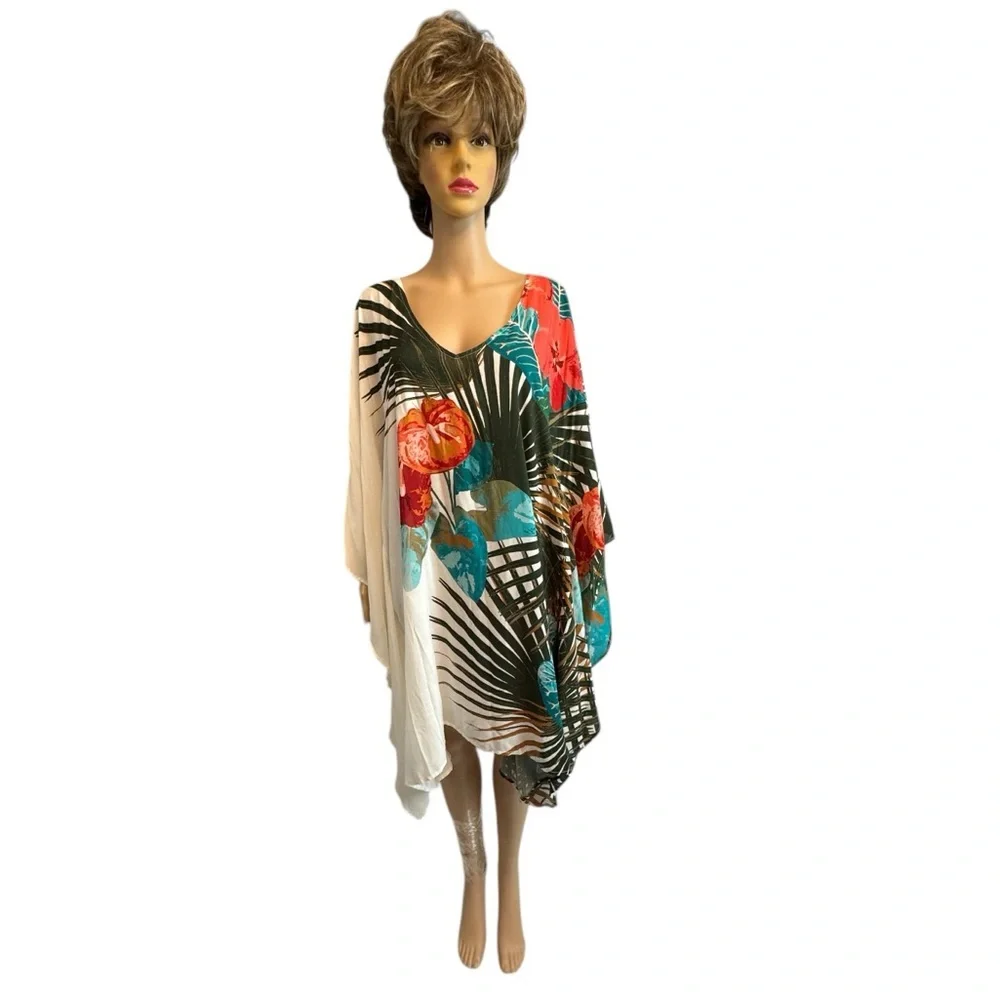 Vince Camuto V-Neck Caftan Cover Up Palm Paradise NWT M/L